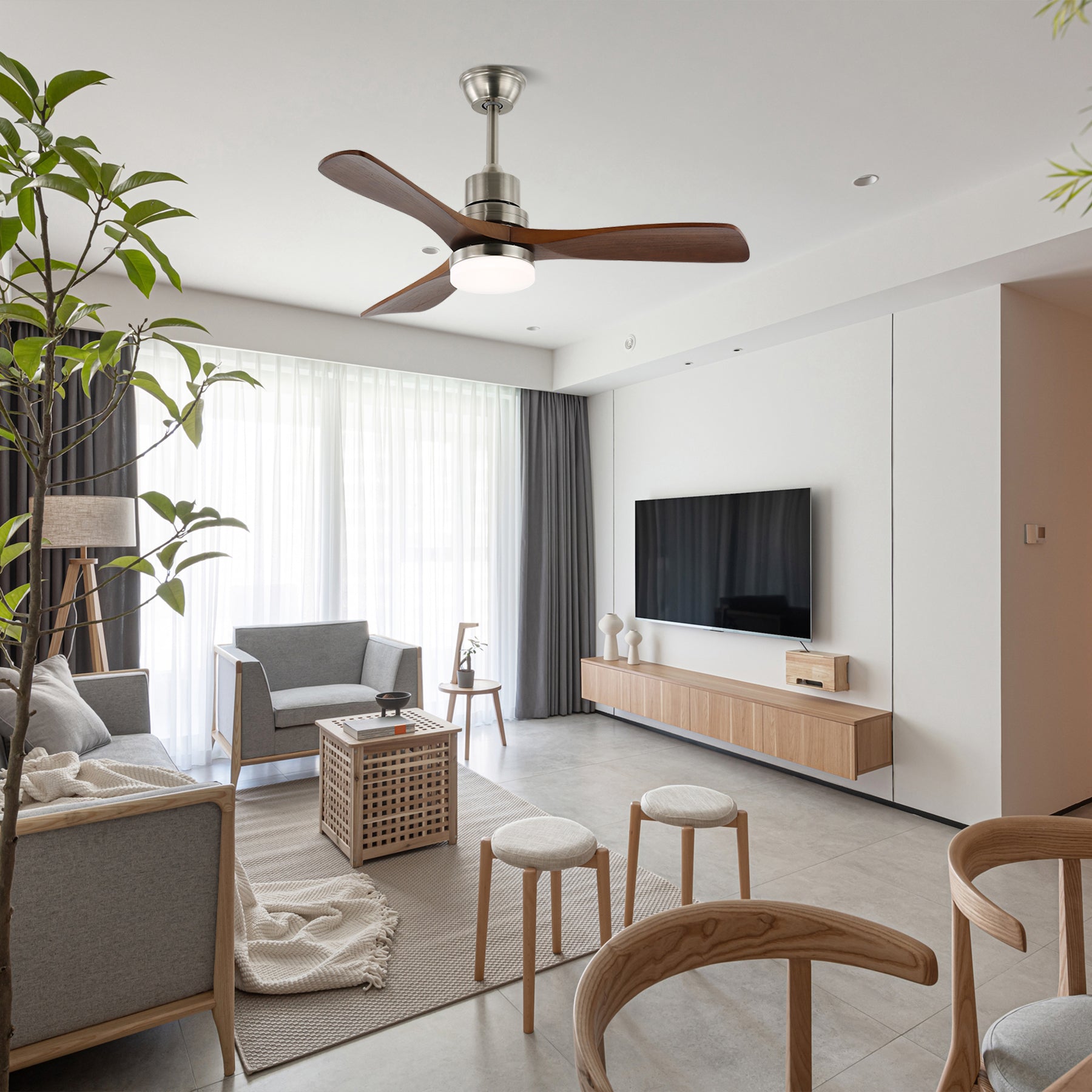 Ventilateur de plafond moderne Kaelen en bois avec lumière