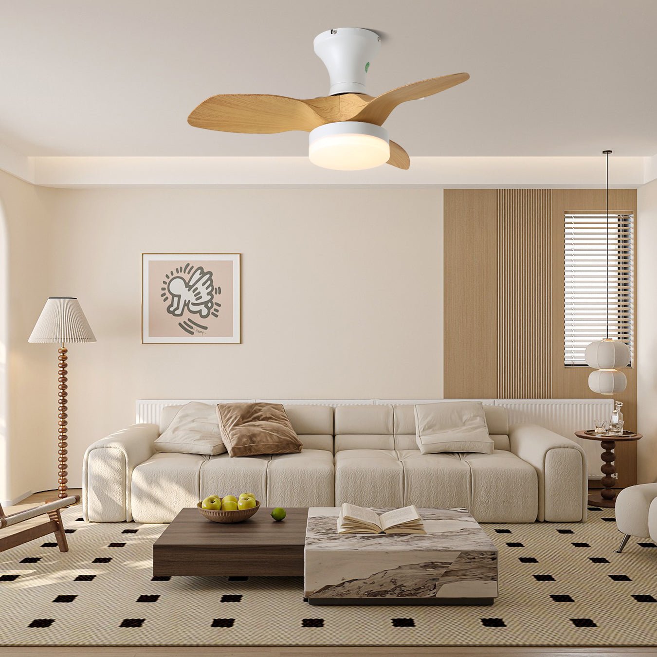 Plafonnier ventilateur Nora minimaliste en bois blanc