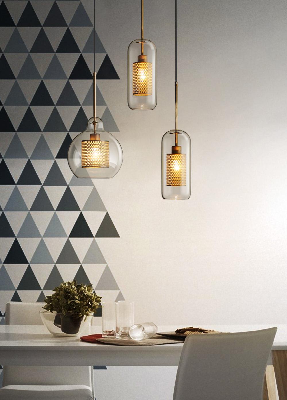 Lustra Lustre Suspendu En Verre Maillage Doré Pour Salle À Manger