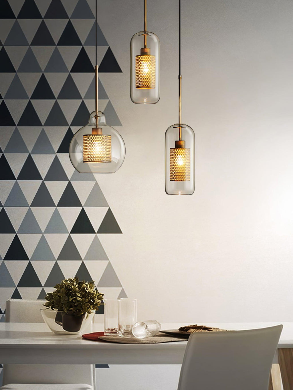 Lustra Lustre Suspendu En Verre Maillage Doré Pour Salle À Manger