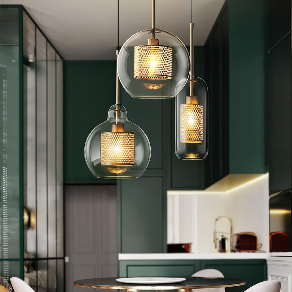 Lustra Lustre Suspendu En Verre Maillage Doré Pour Salle À Manger