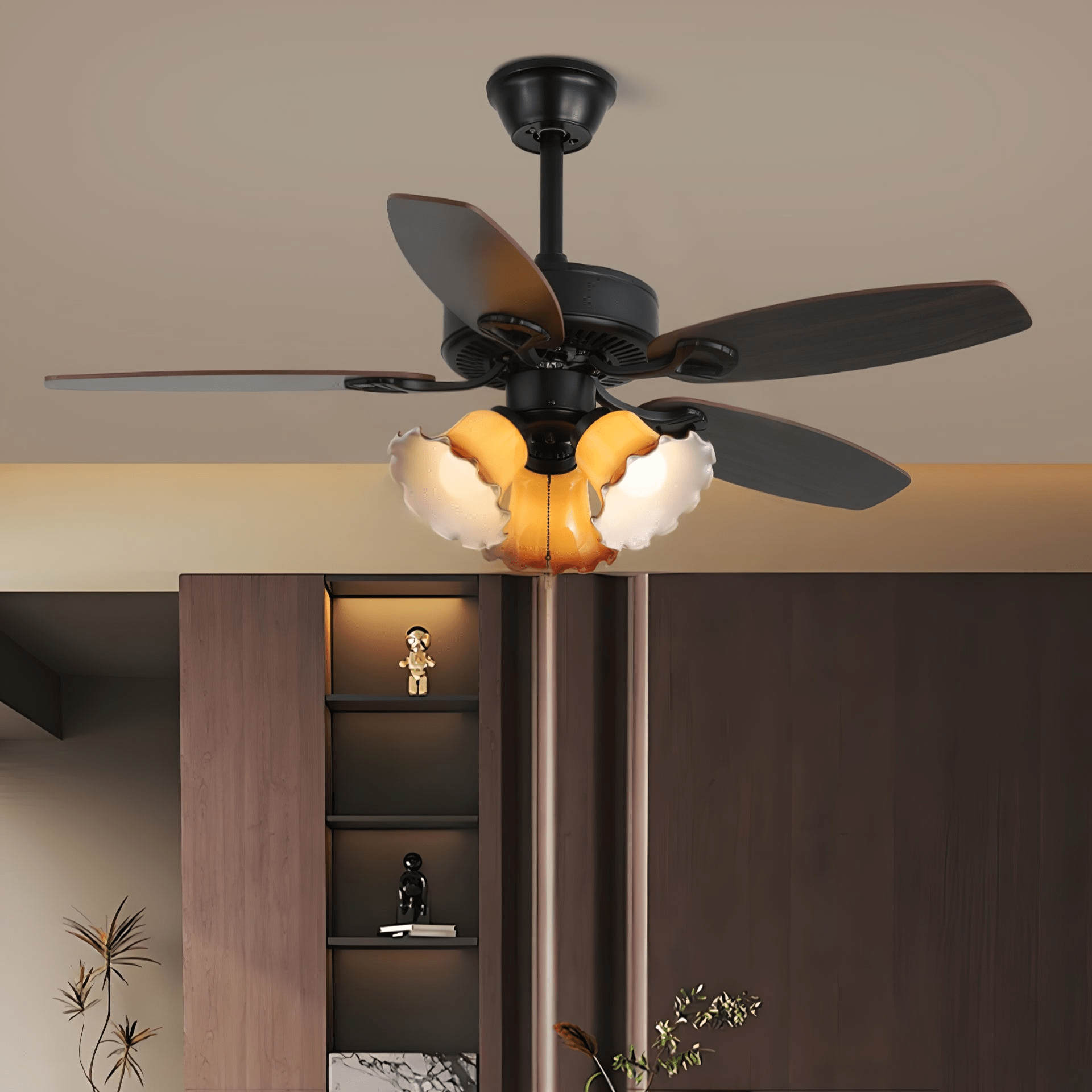 Plafonnier Ventilateur Calviera en Bois et Verre Vintage