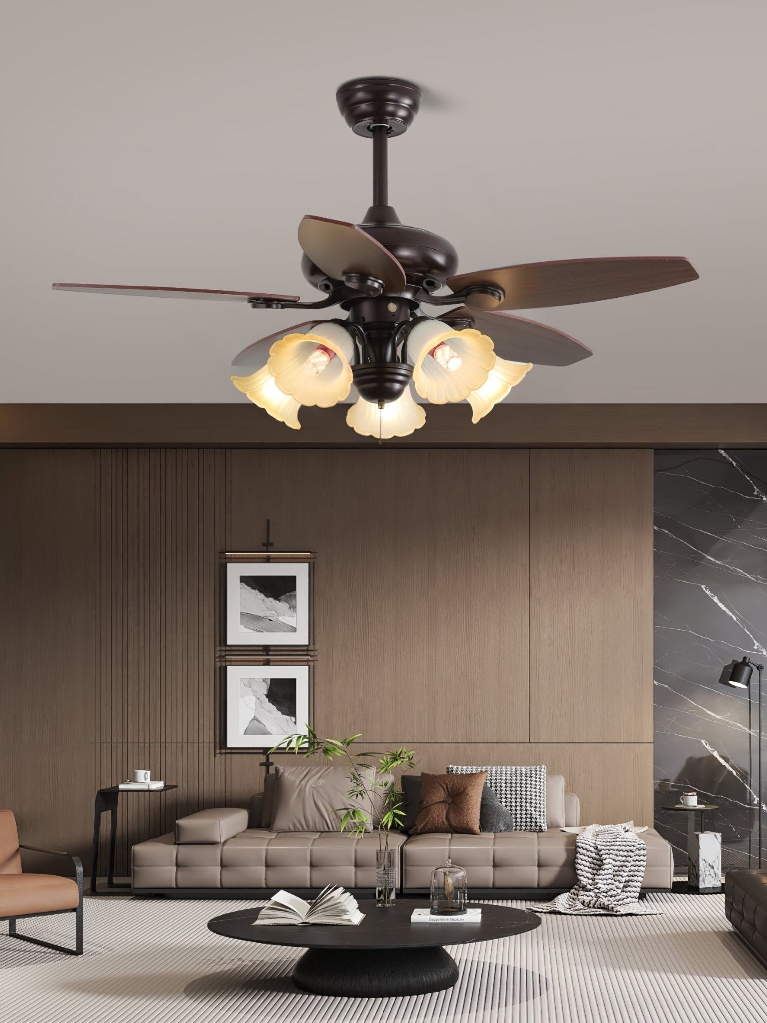 Plafonnier ventilateur Florence Vintage en bois et verre