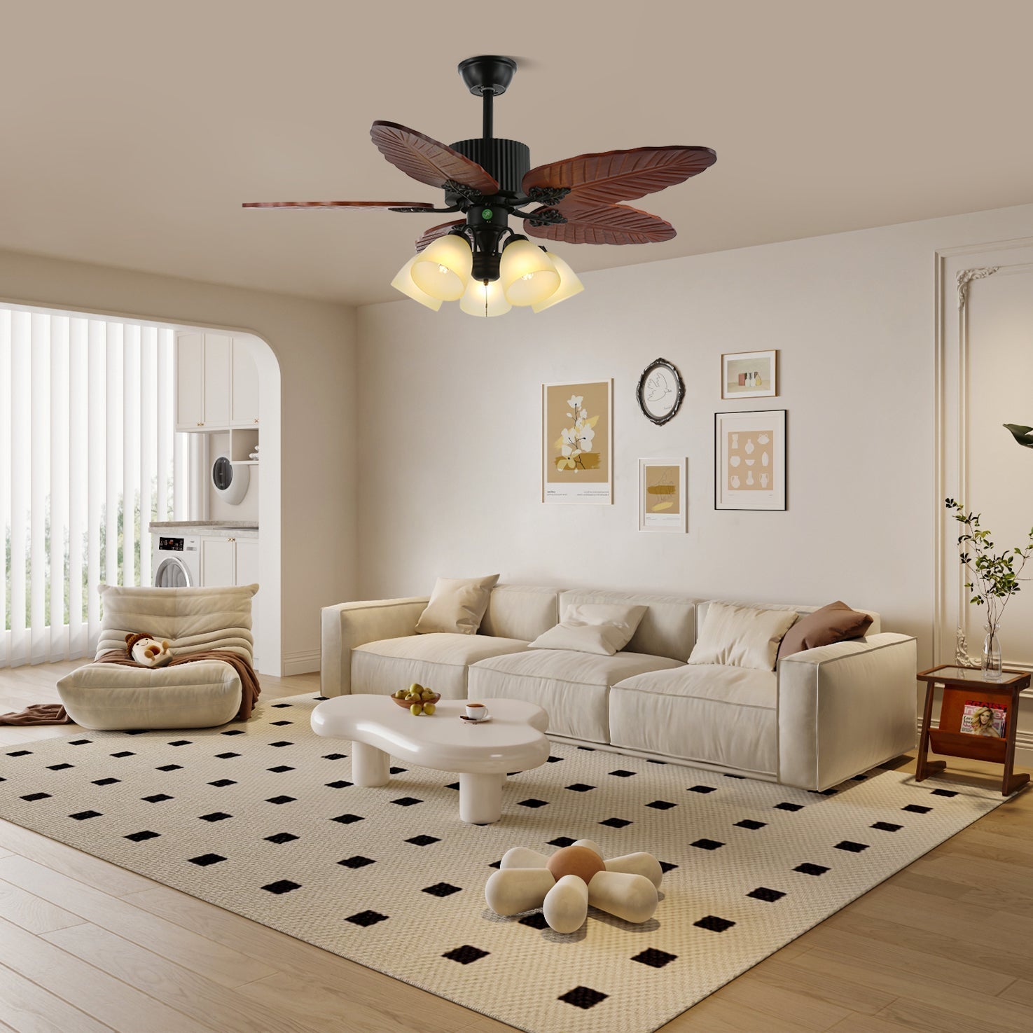 Plafonnier Ventilateur Virella en Bois Tropical et Verre