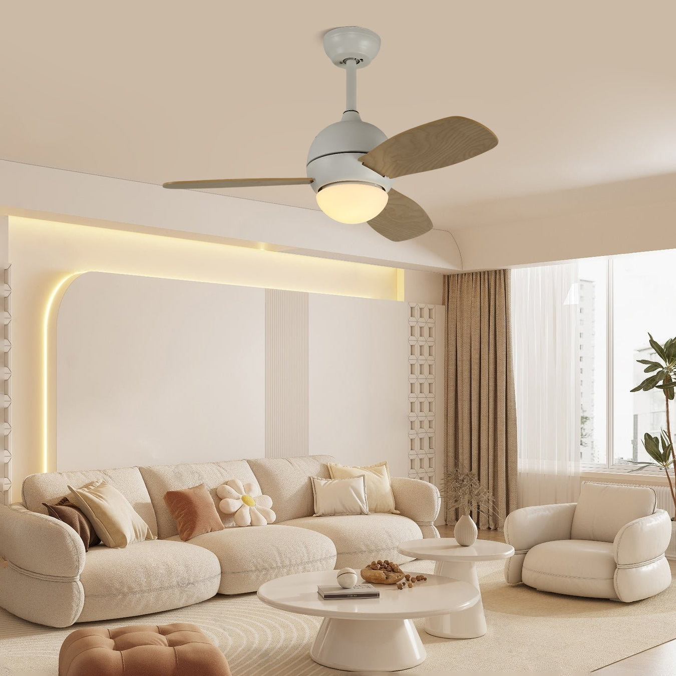 Vevo Plafonnier Ventilateur Minimaliste en Bois Blanc
