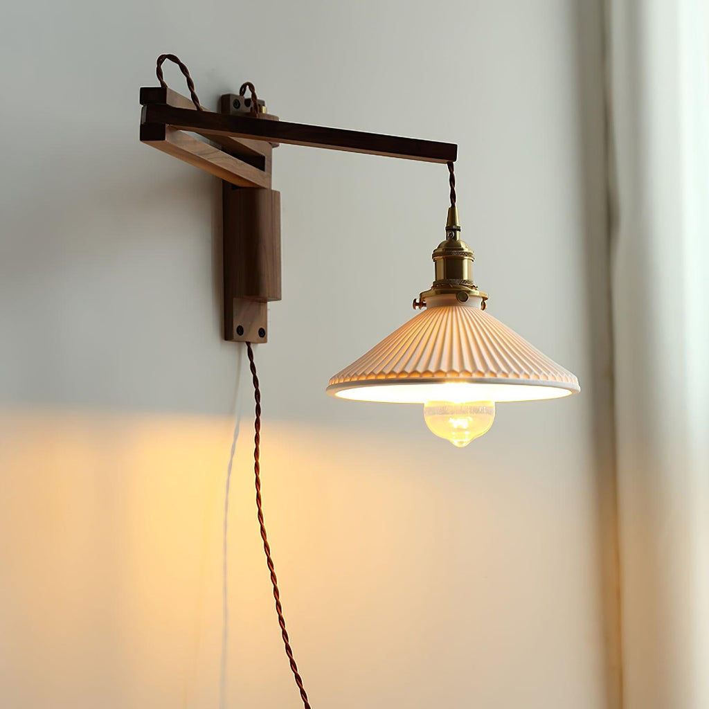 Illaee Nordic Art Swing Arm Walnut Ceramic Wall Light