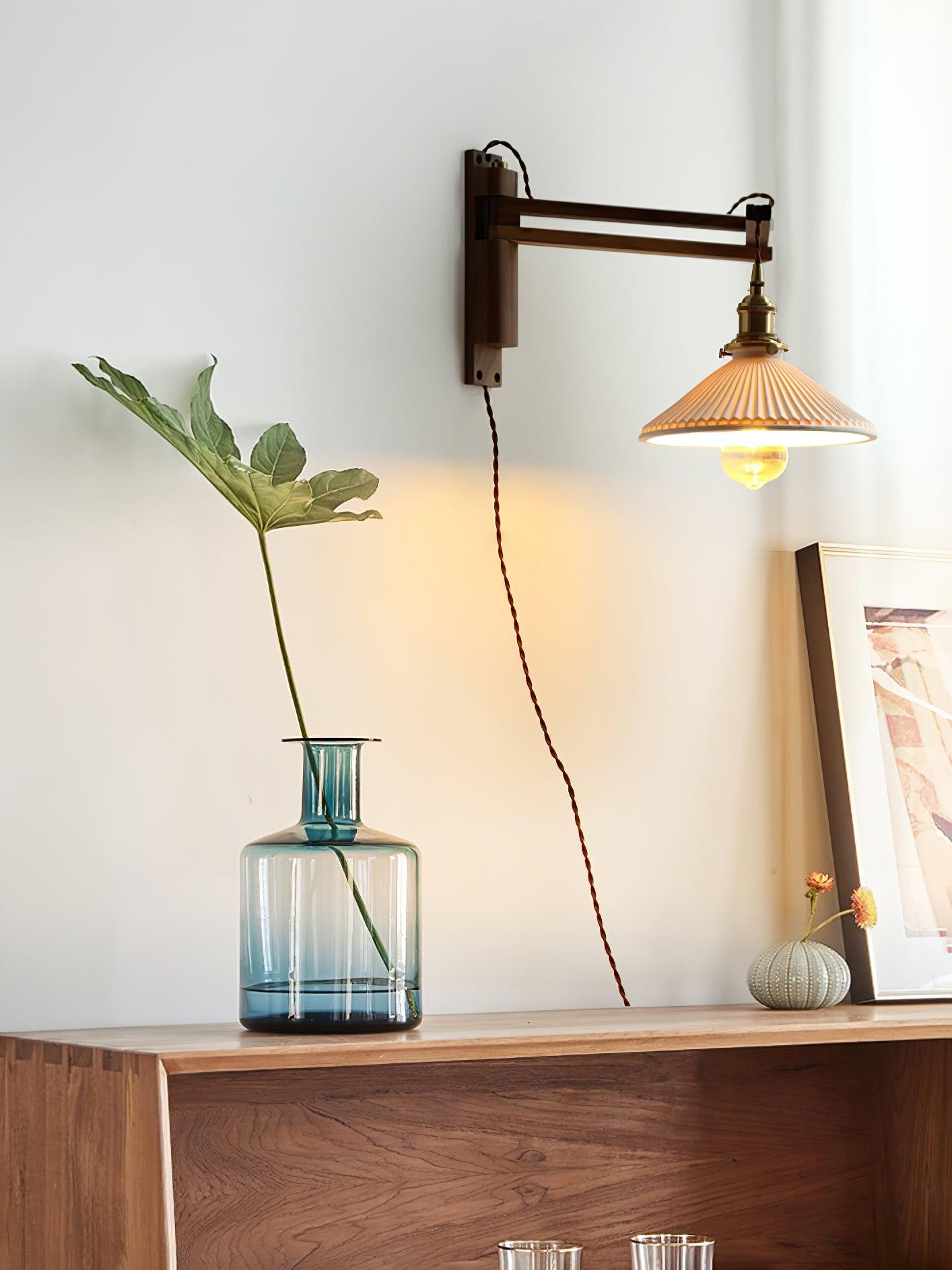 Illaee Nordic Art Swing Arm Walnut Ceramic Wall Light