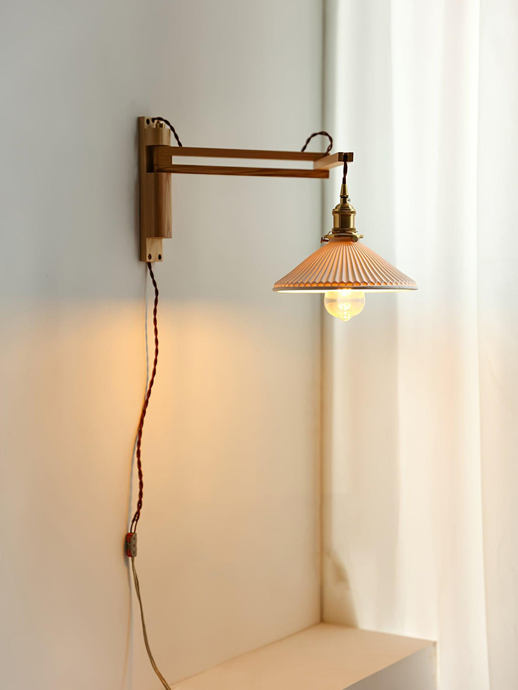 Illaee Nordic Art Swing Arm Walnut Ceramic Wall Light