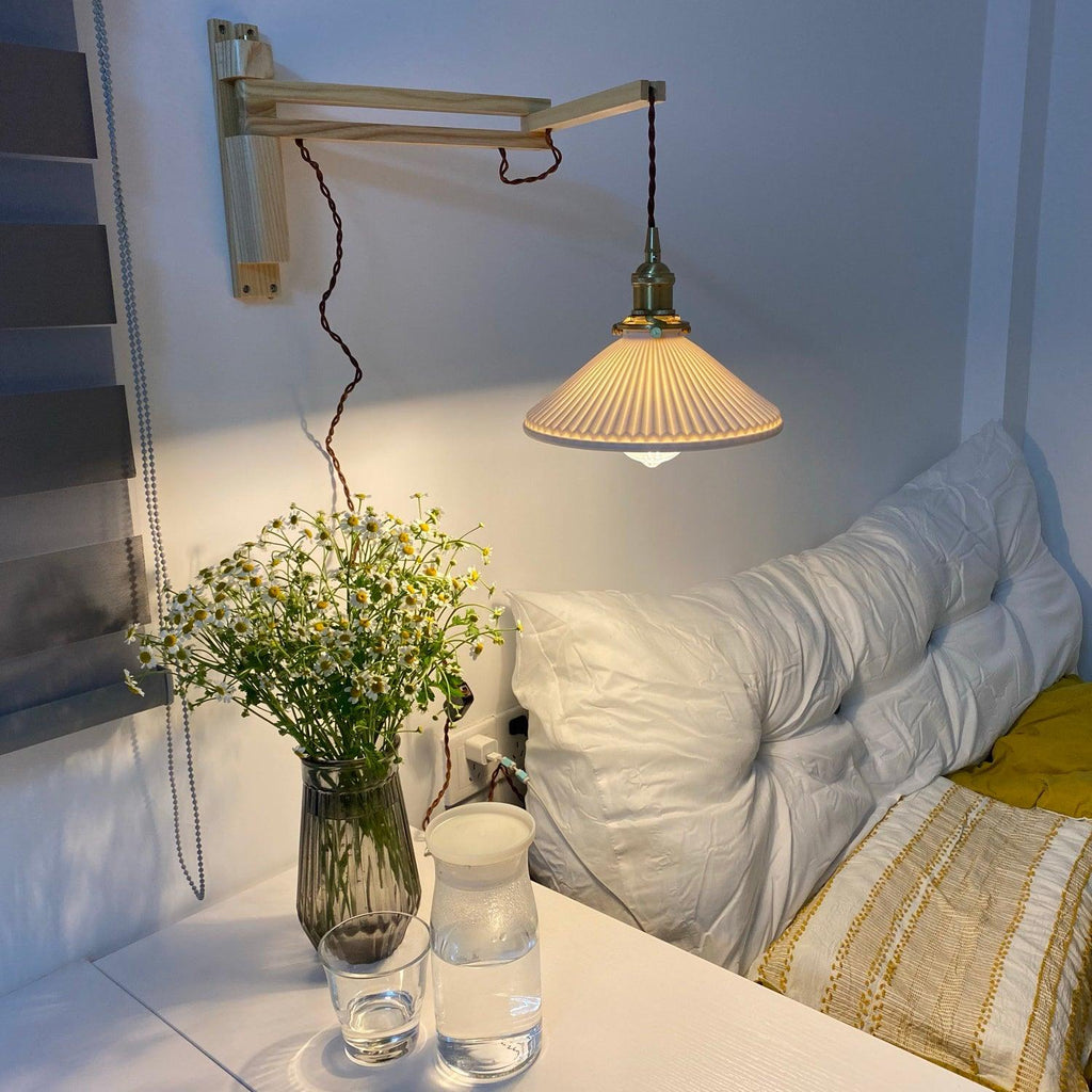 Lyphaia Nordic Art Telescopic Walnut Ceramic Wooden Wall Lamp