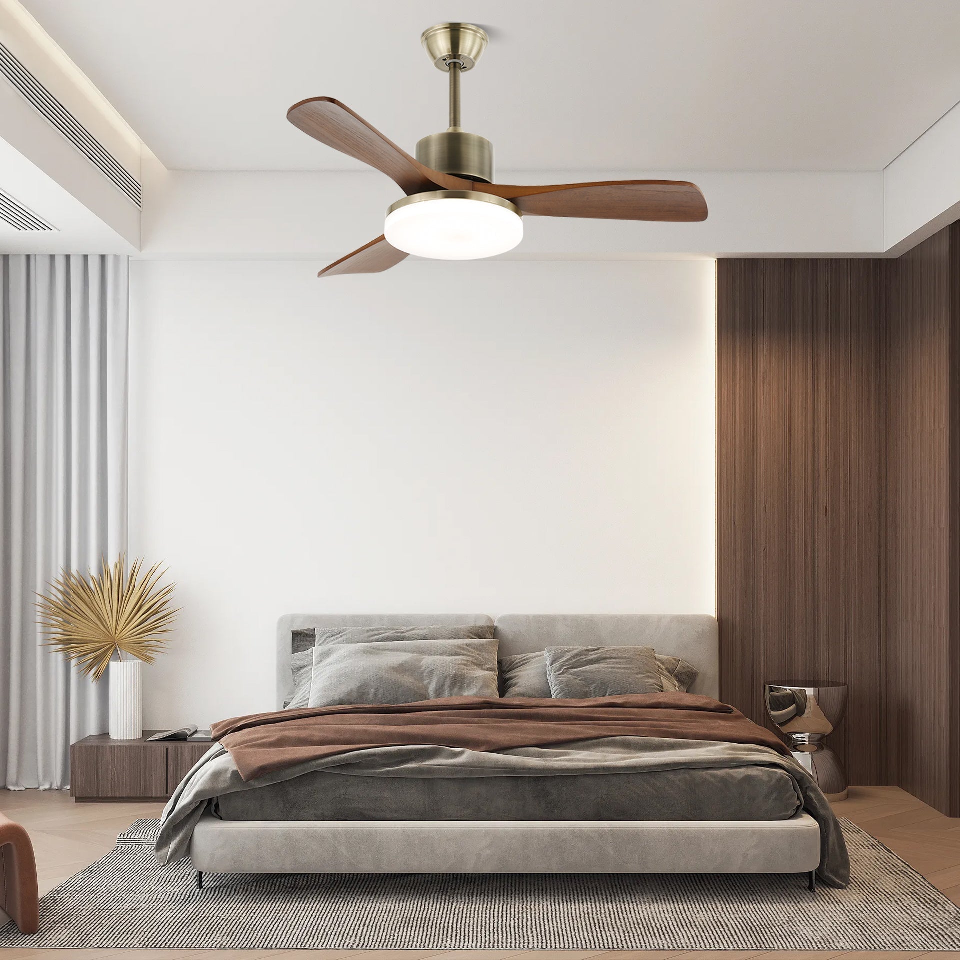 Ventilateur de plafond lumineux Ventio minimaliste argenté et bois